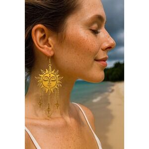 Gold Sun Face Dangle Earrings Celestial Star Chain Drop Boho Jewelry new